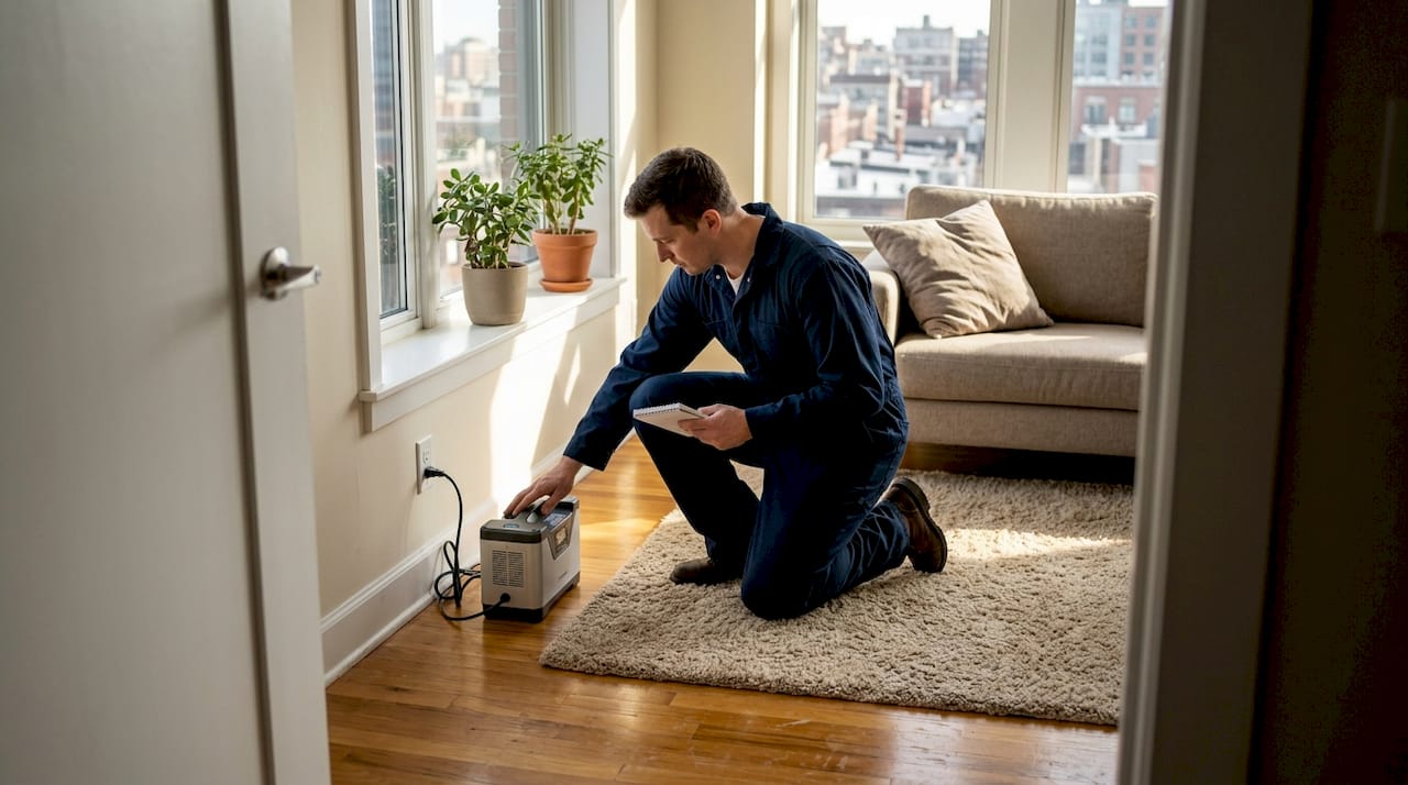 Technician operating odor removal device in penthouse