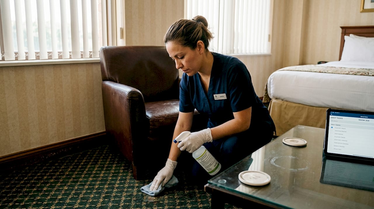 Housekeeper applies enzymatic cleaner to carpet