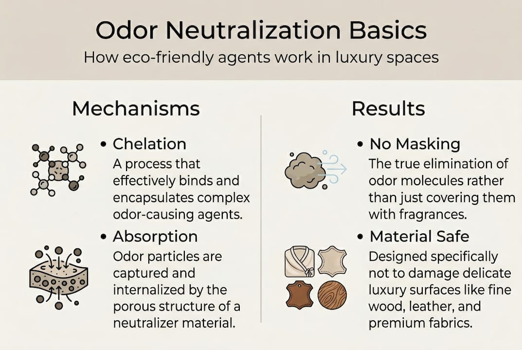 Infographic showing odor neutralization mechanisms and results