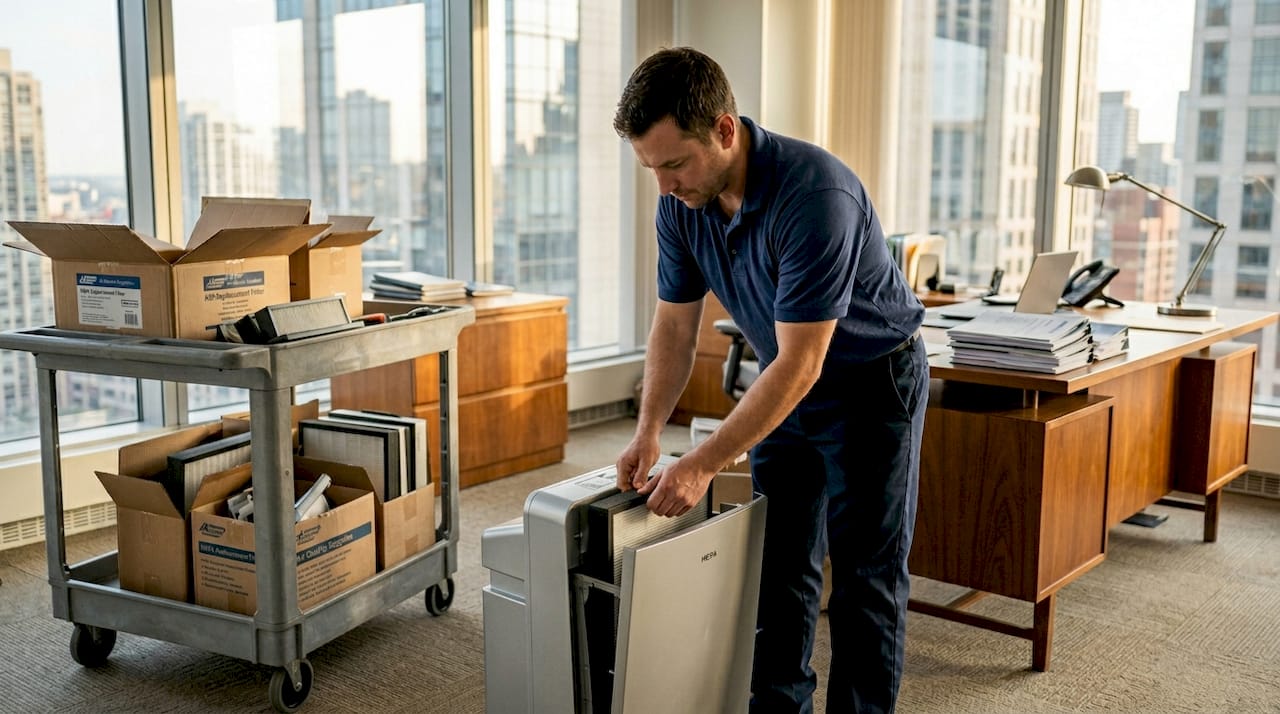 Technician changing HEPA air filter