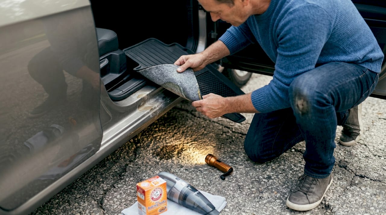 Man inspecting car floor for hidden mildew