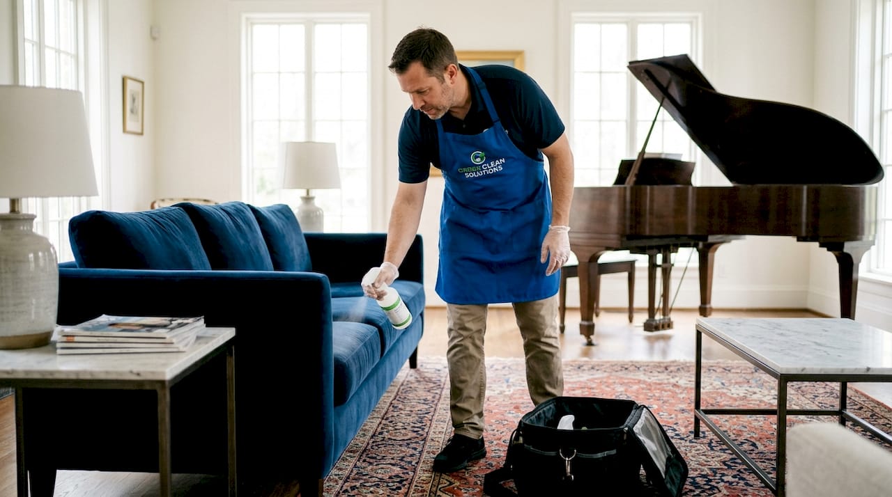 Technician using eco-friendly spray in premium interior