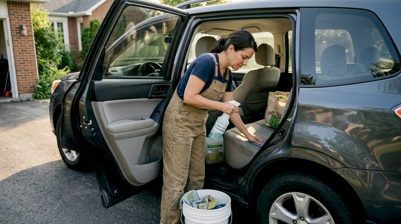 Woman applying eco cleaner to car upholstery