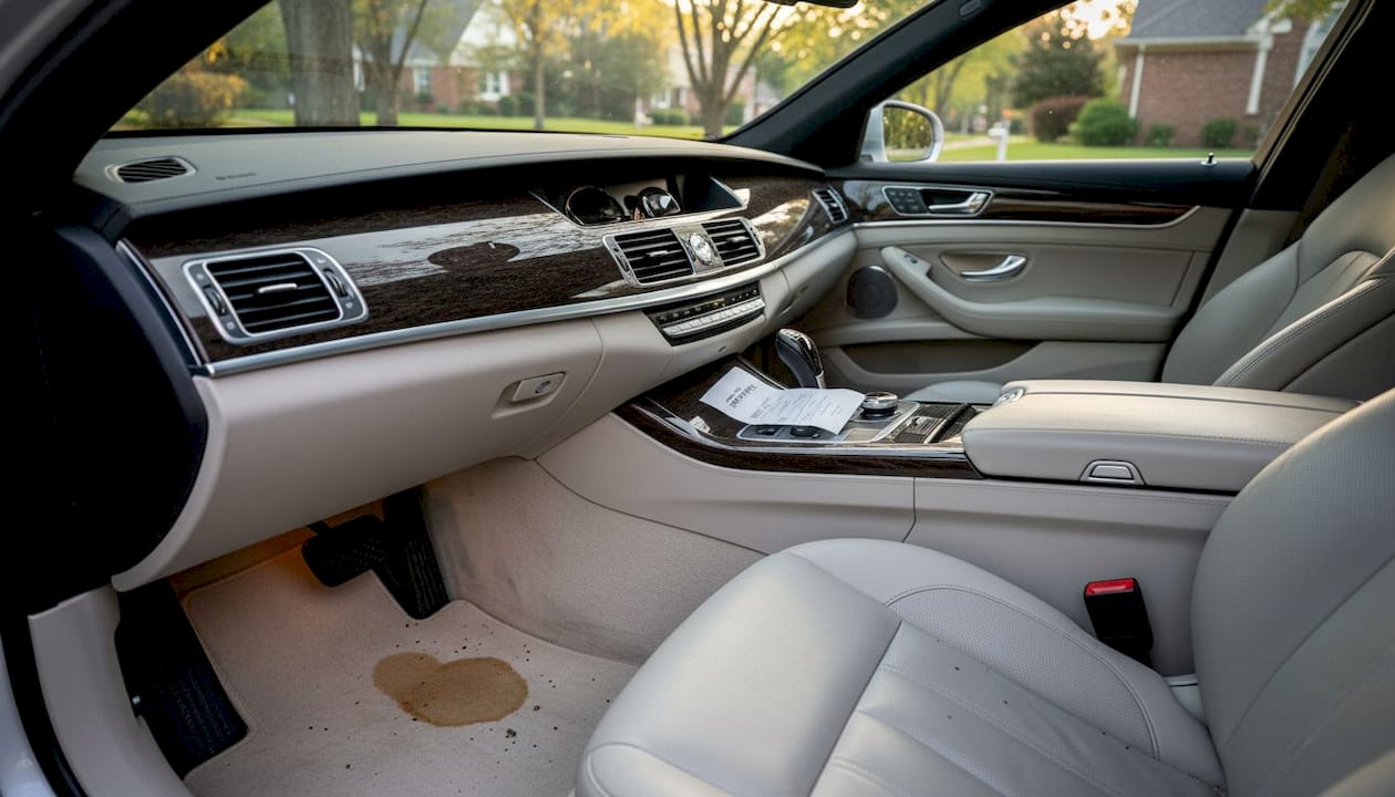 Close-up of luxury car interior imperfections