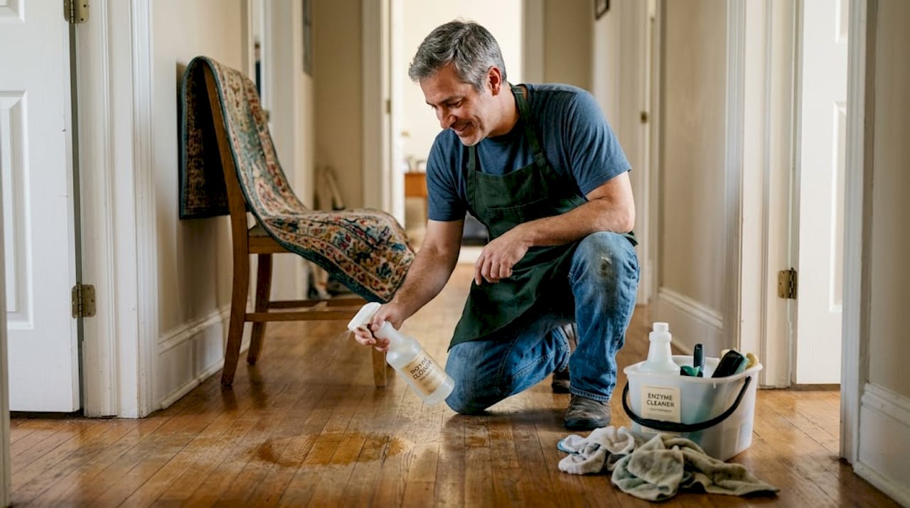 Worker cleaning pet stains with green cleaner