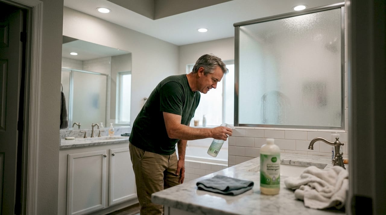 Man uses eco cleaner on bathroom mildew