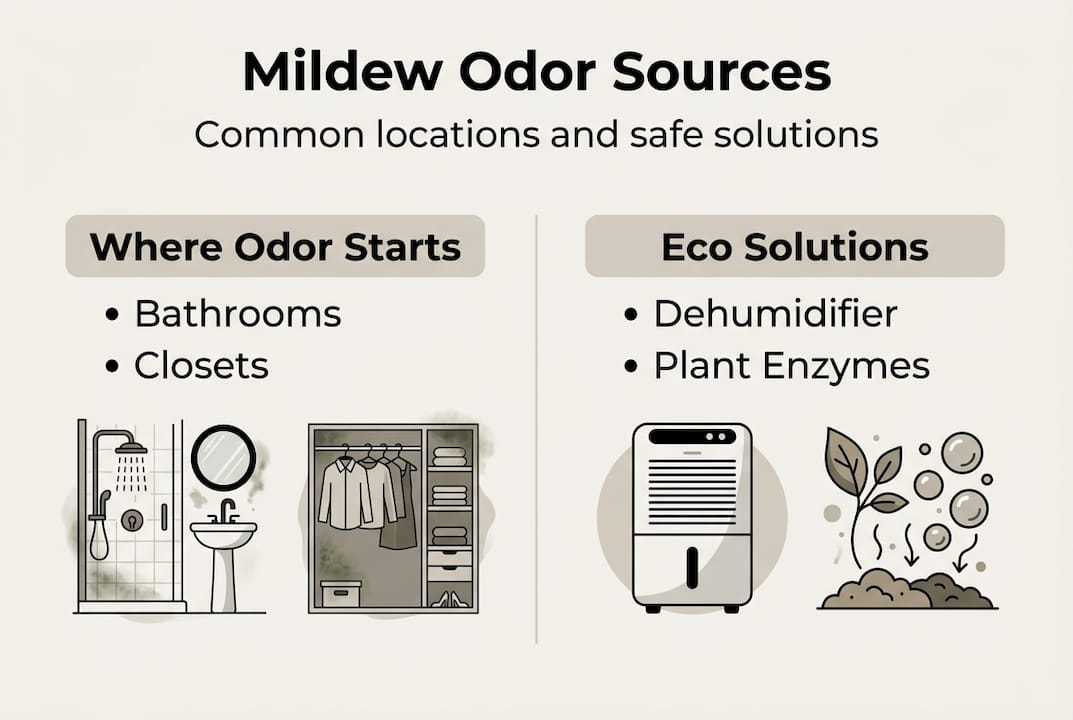 Infographic on mildew odor sources and solutions