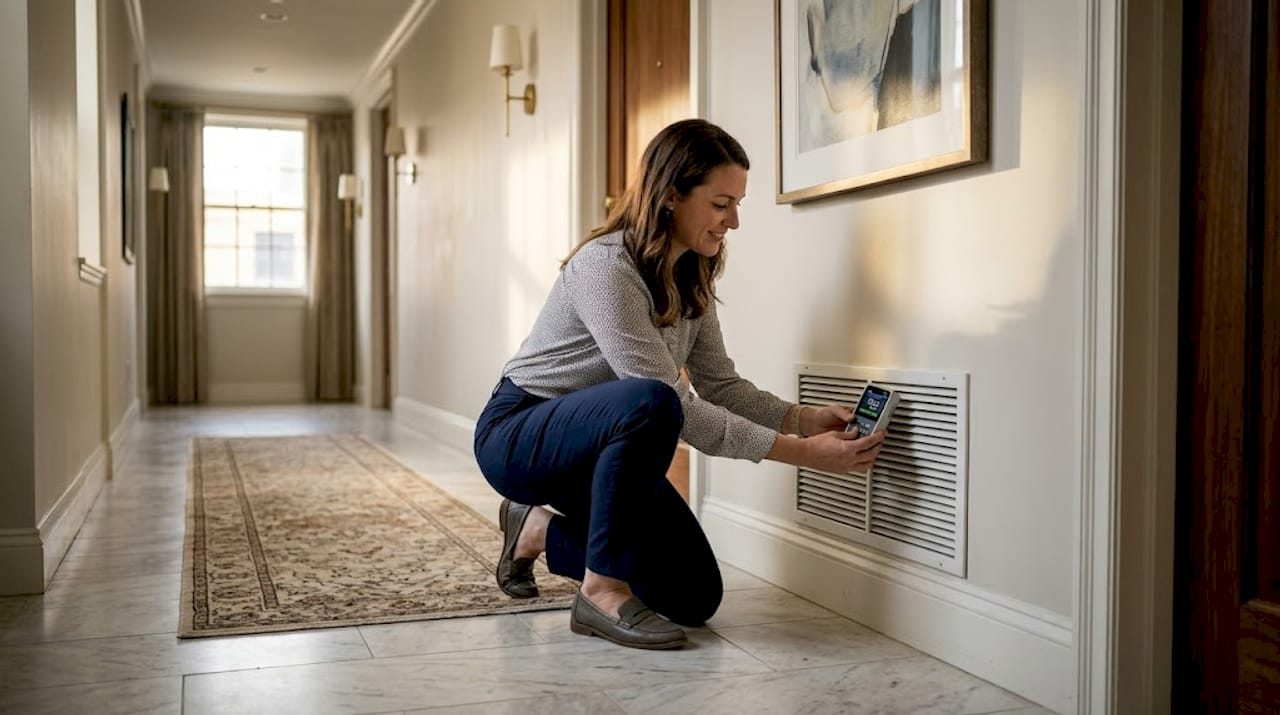 Manager testing air vent for smoke odors