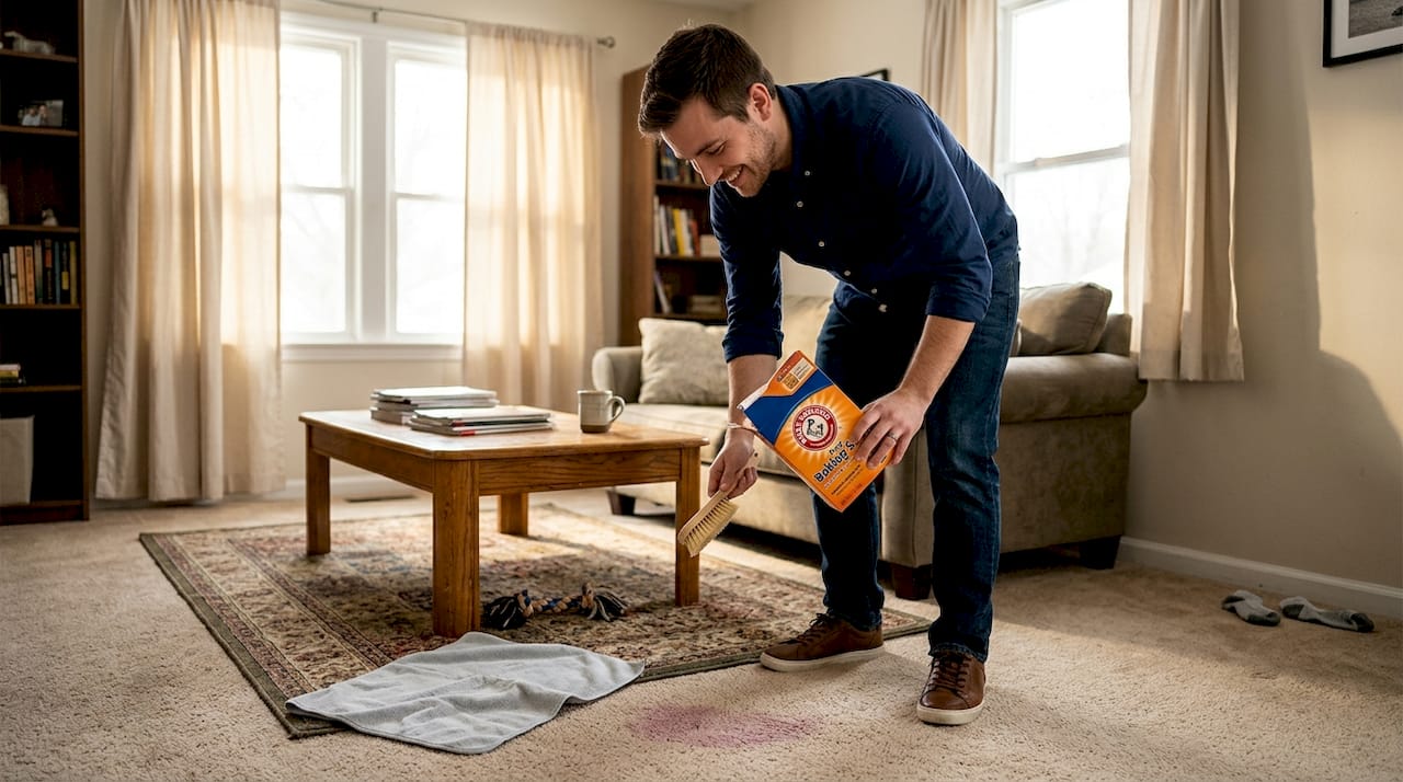Man using baking soda on carpet
