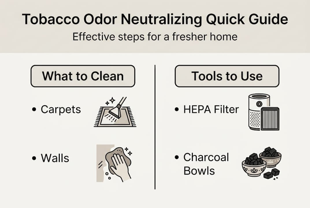 Infographic with tobacco odor removal steps and tools