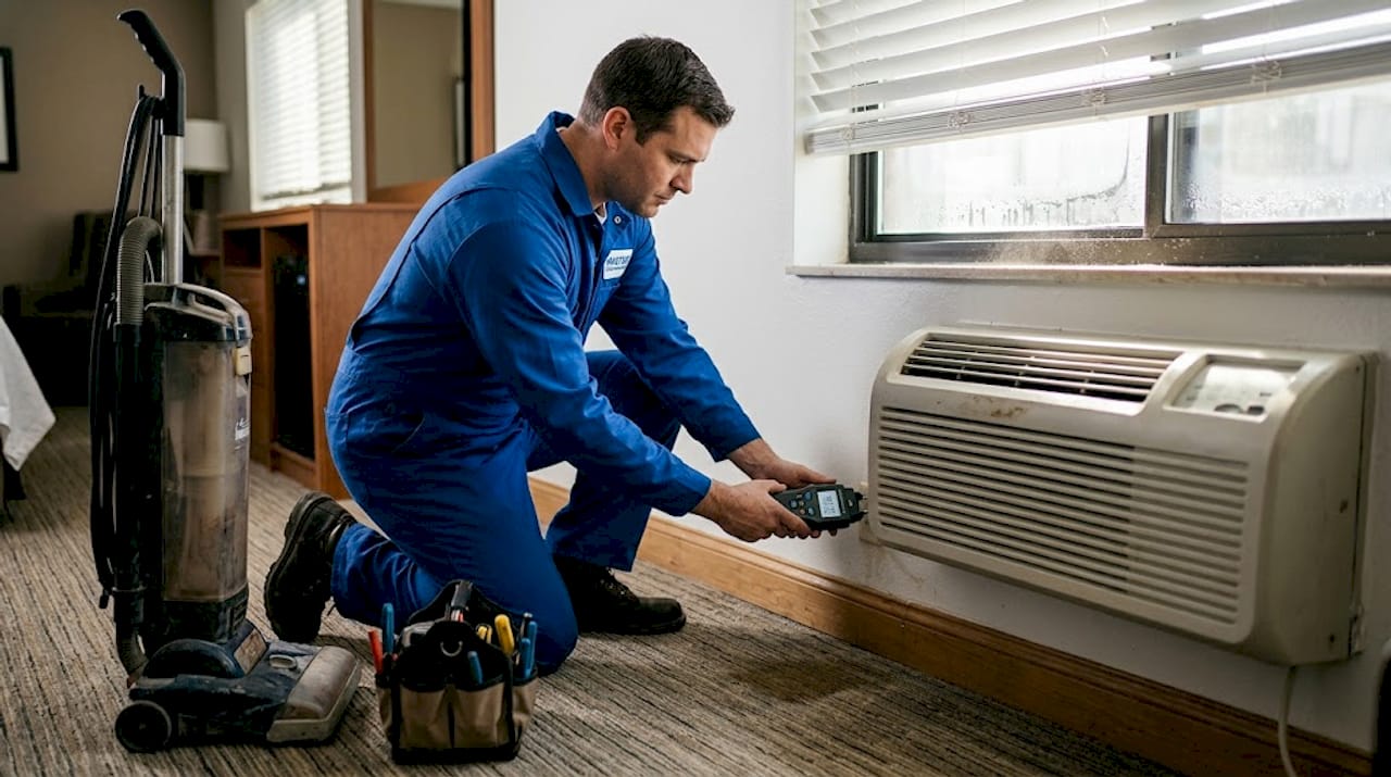 Worker checking hotel room for moisture