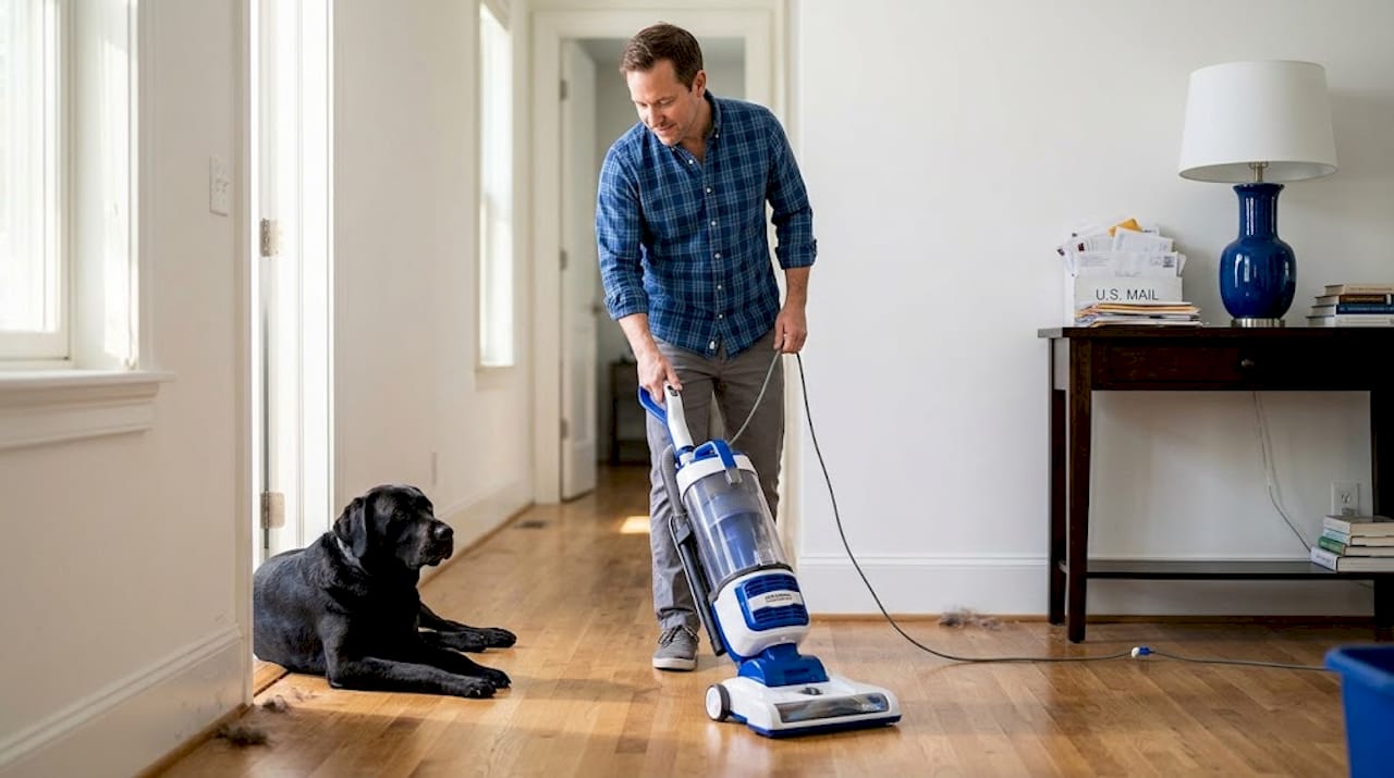 Vacuuming pet hair in hallway scene