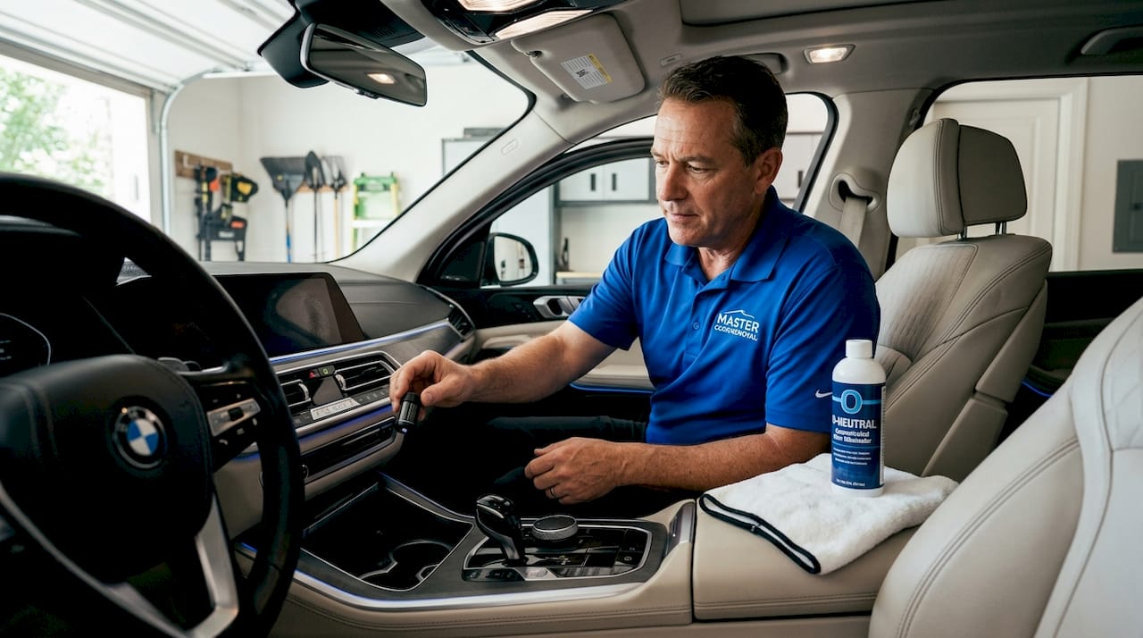 Detailer installing vapor cartridge in luxury SUV