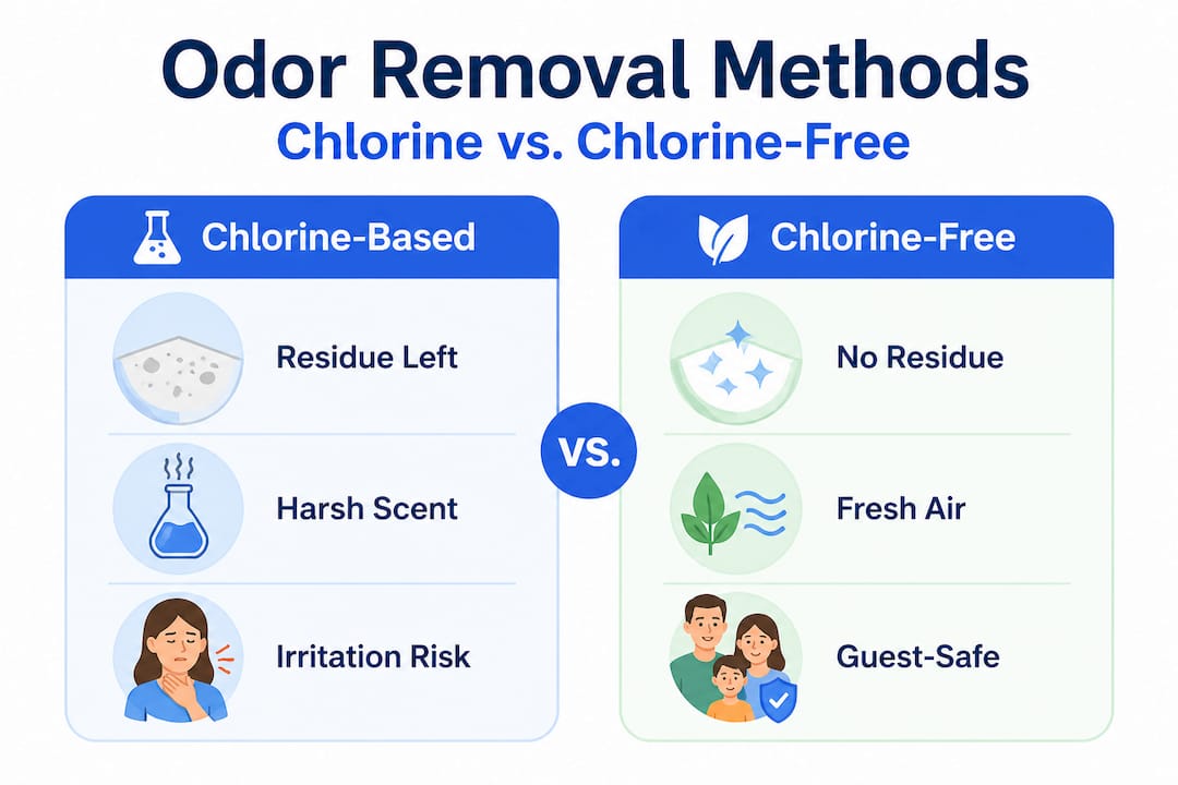 Infographic comparing chlorine-based and chlorine-free odor removal