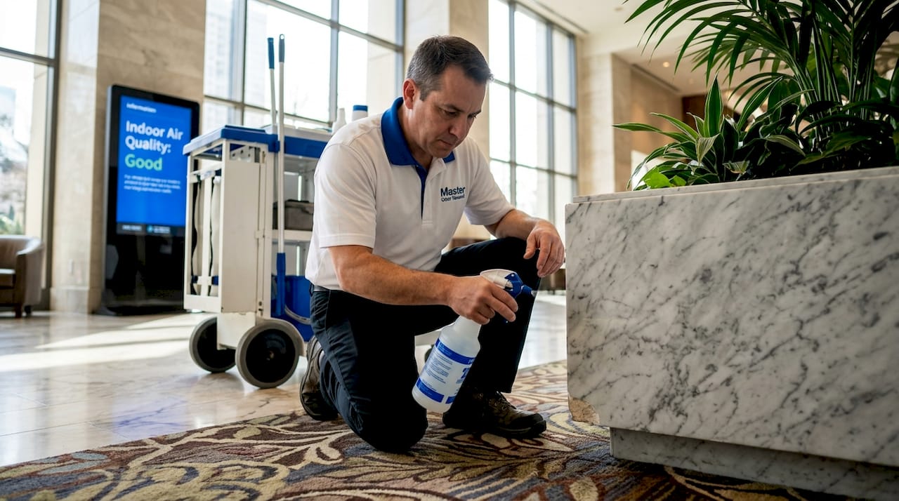 Technician applies odor remover in hotel lobby