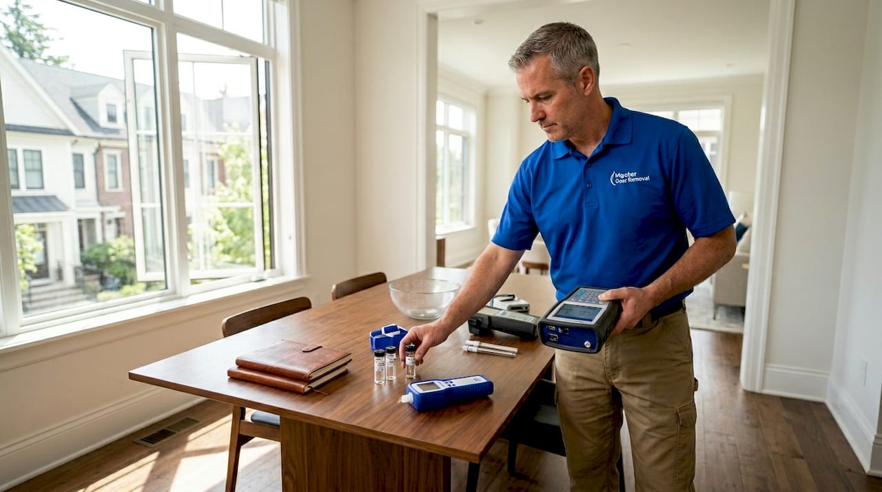 Technician using odor assessment tools in luxury home