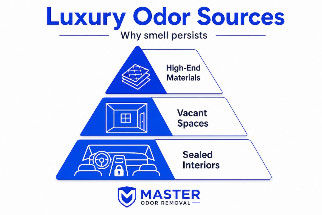 Infographic showing luxury property odor sources hierarchy