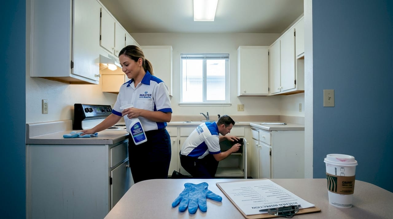 Cleaning crew restores kitchen after tenant move-out