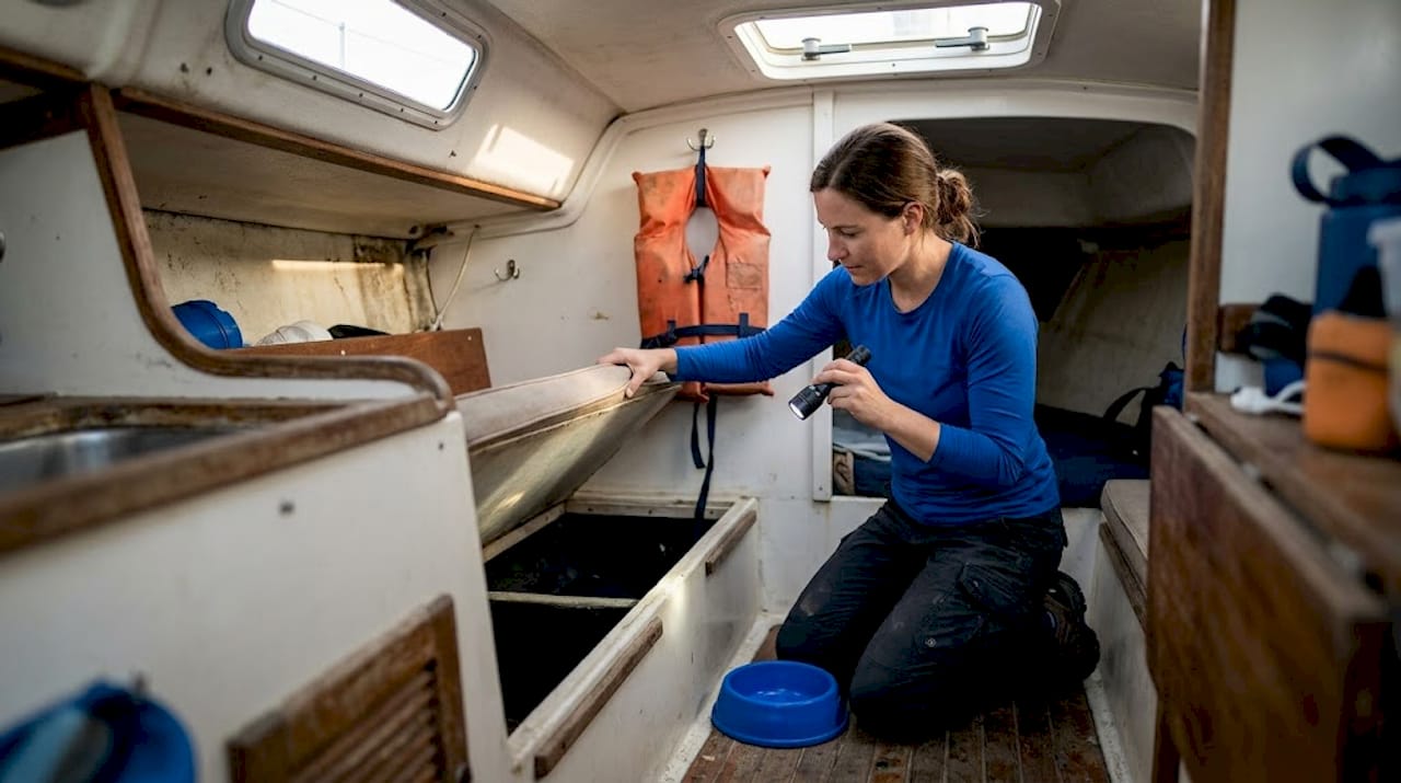 Woman searching for pet odor under boat cushion