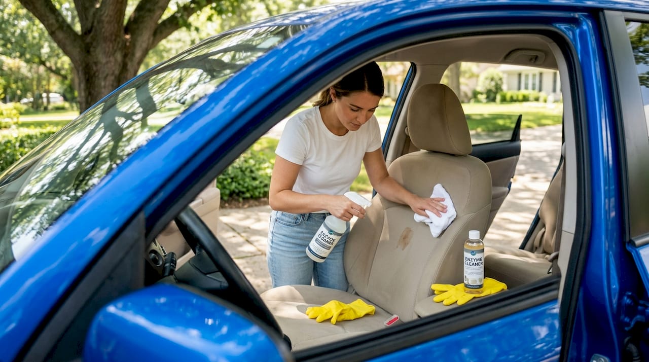 Woman spot cleaning car seat stain