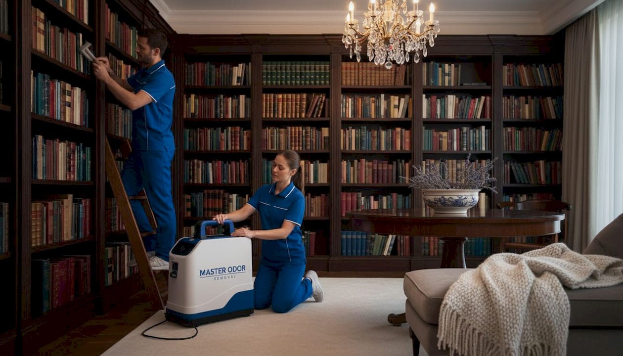 Cleaning crew prepares odor removal in library