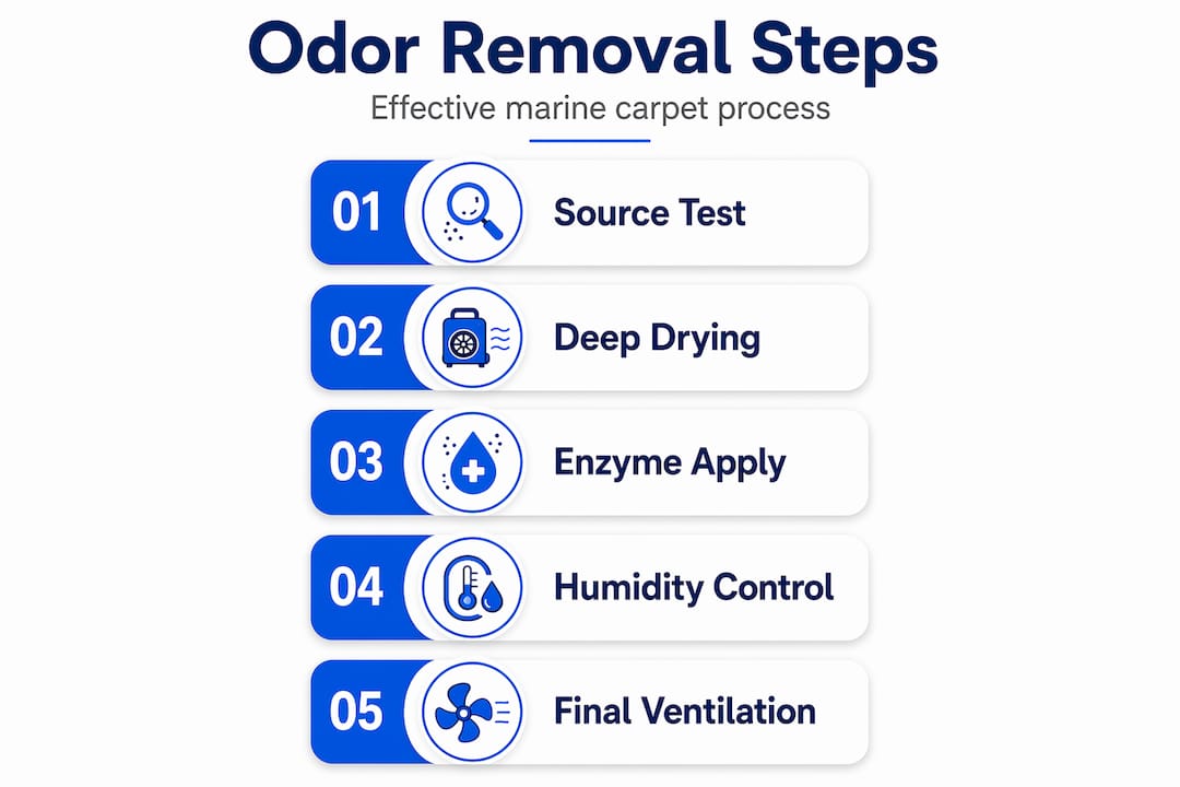 Infographic outlining steps for marine carpet odor removal