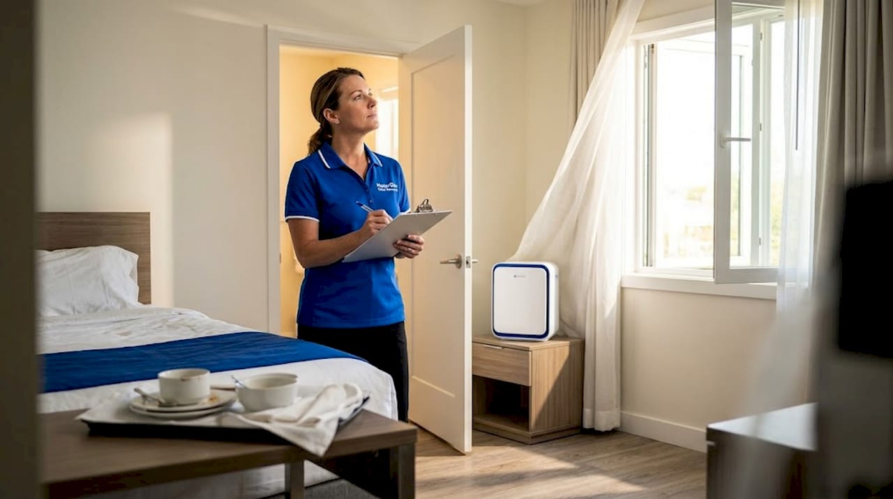 Housekeeping checks air quality in guest room