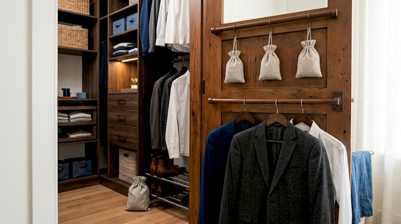 Charcoal bags hanging inside lived-in closet