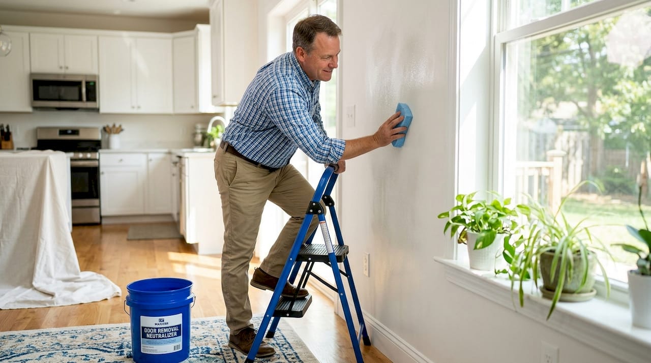 Man cleaning living room wall with sponge