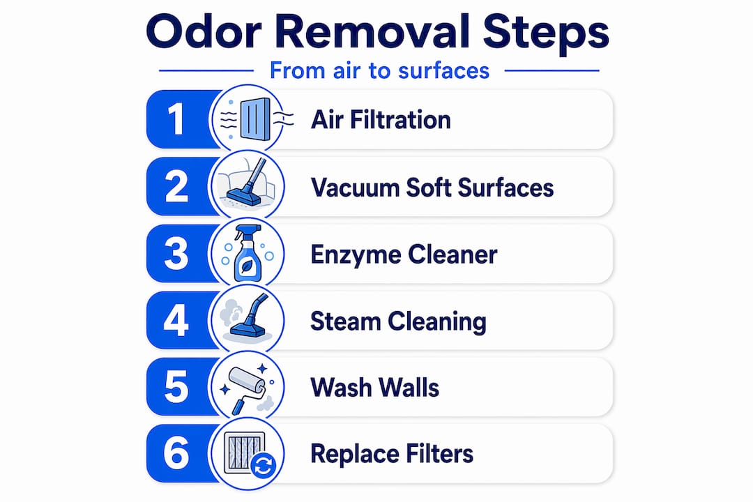 Infographic showing six odor removal steps