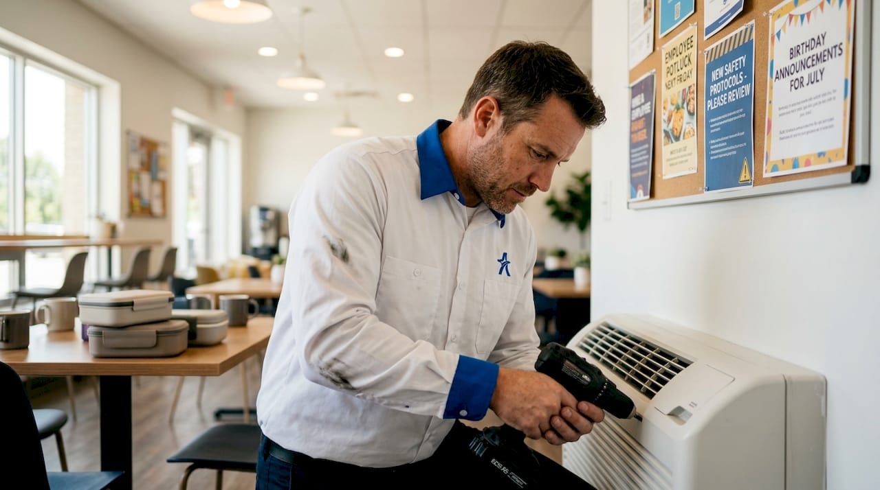 Technician inspects HVAC in busy office