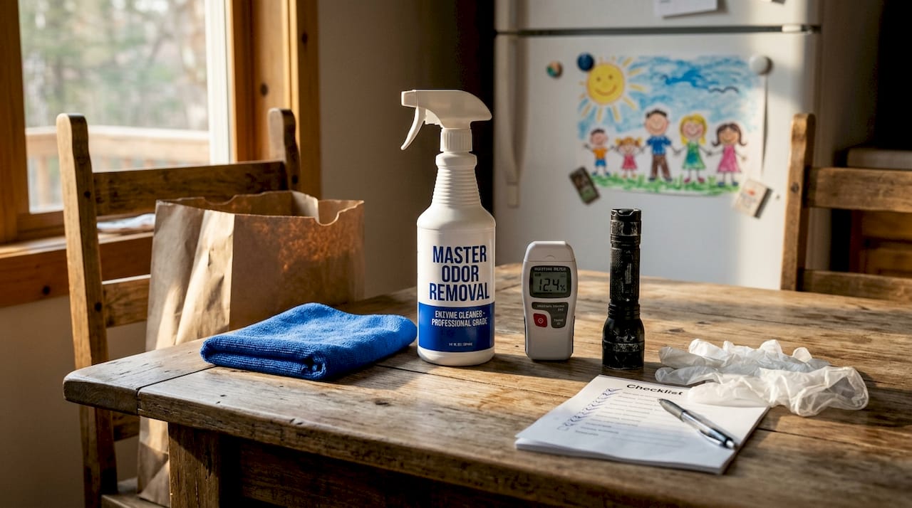 Collection of home cleaning tools on table