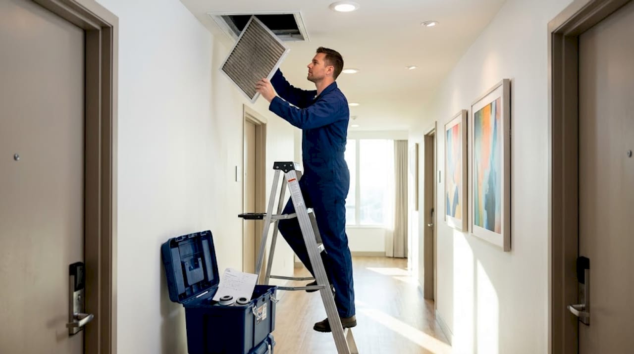 Maintenance staff replacing dusty HVAC filter
