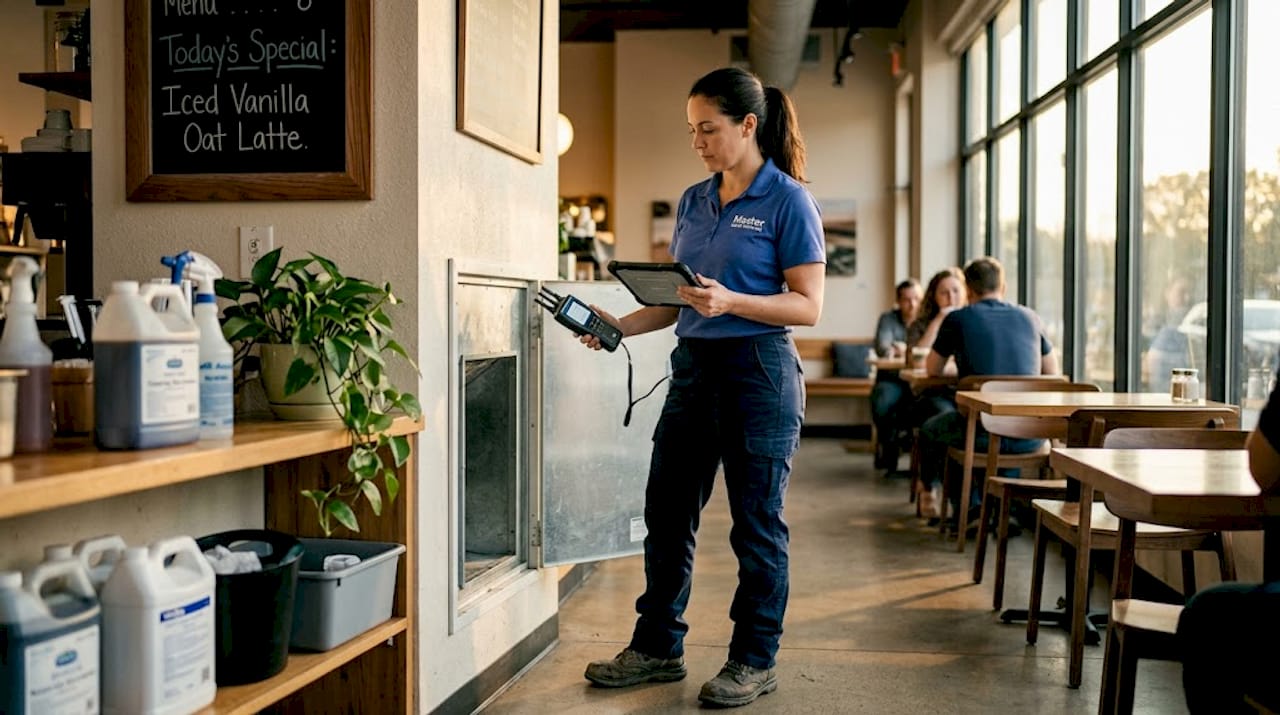 HVAC technician checks corridor airflow readings