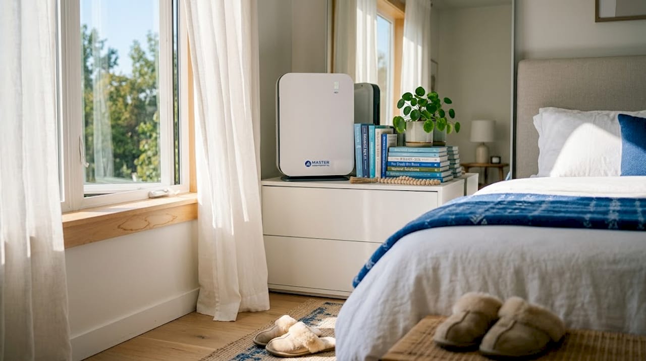 Bedroom with open window and air purifier