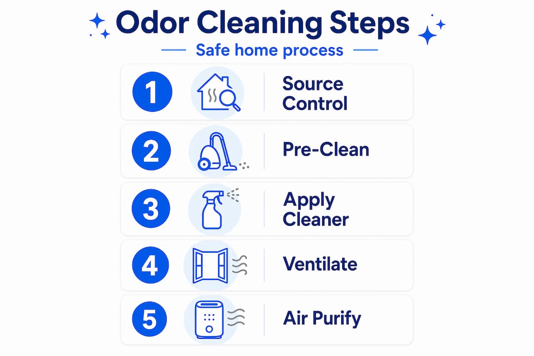 Vertical steps for safe odor cleaning process
