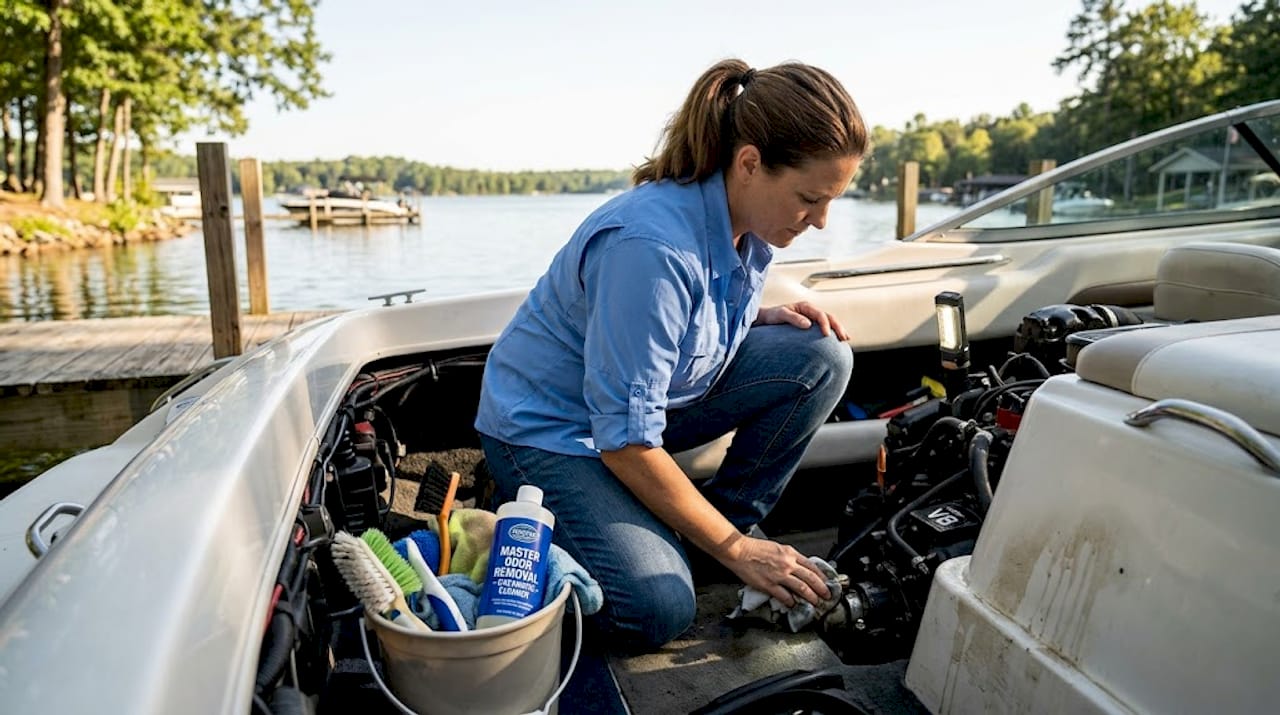 Woman cleaning motorboat bilge area