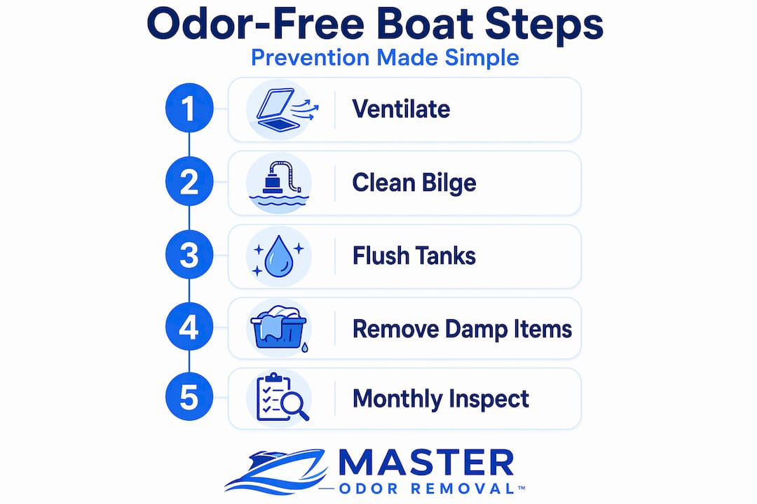 Infographic showing boat odor prevention steps