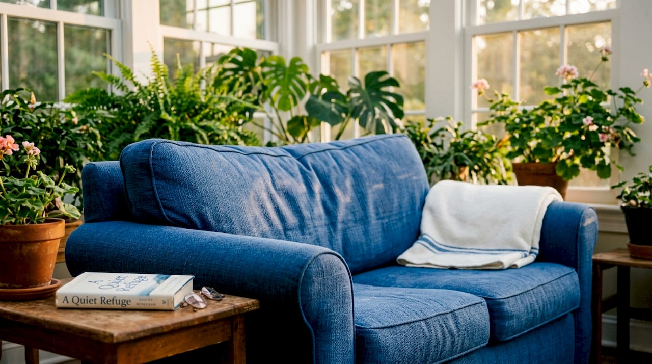 Close-up of sofa upholstery in rental living room