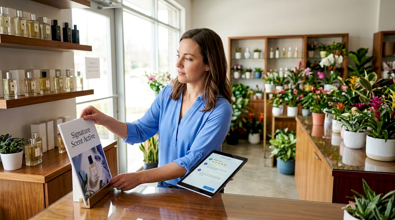 Retail manager setting up olfactory branding signage