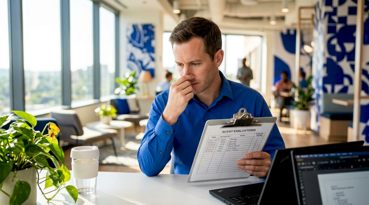 Office worker recording workplace odor evaluation