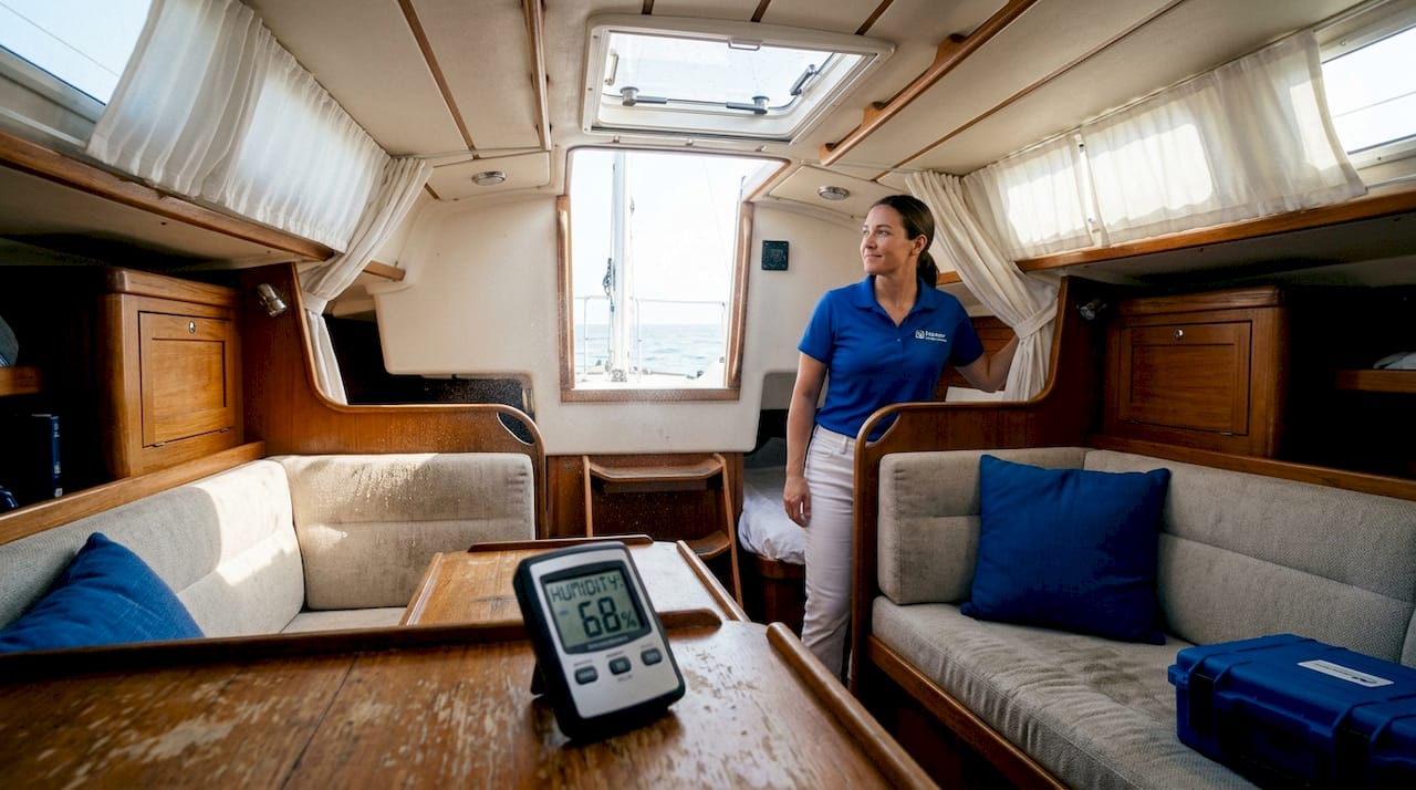 Open hatch venting moisture from boat cabin