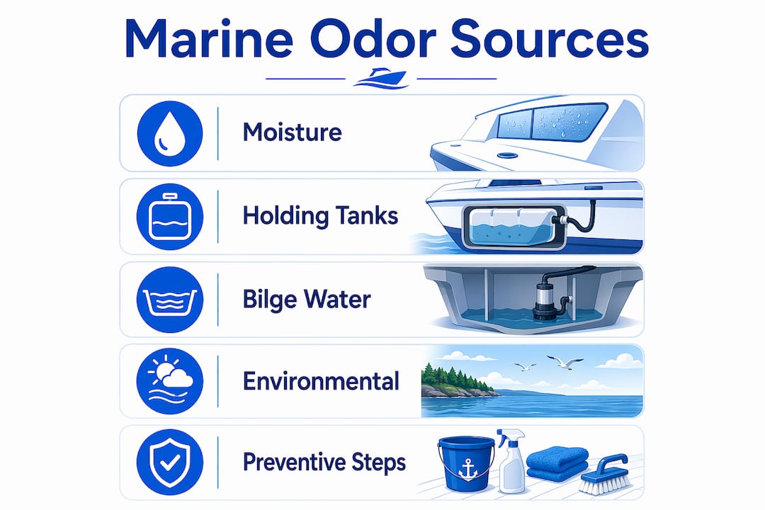 Infographic illustrating key marine odor sources and prevention