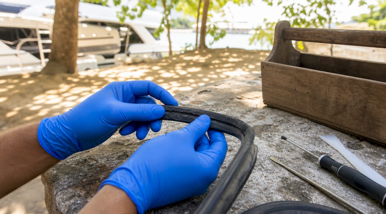 Gloved hands inspecting cracked yacht rubber seal