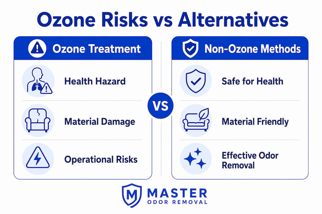 Infographic comparing ozone treatment risks and safer odor removal
