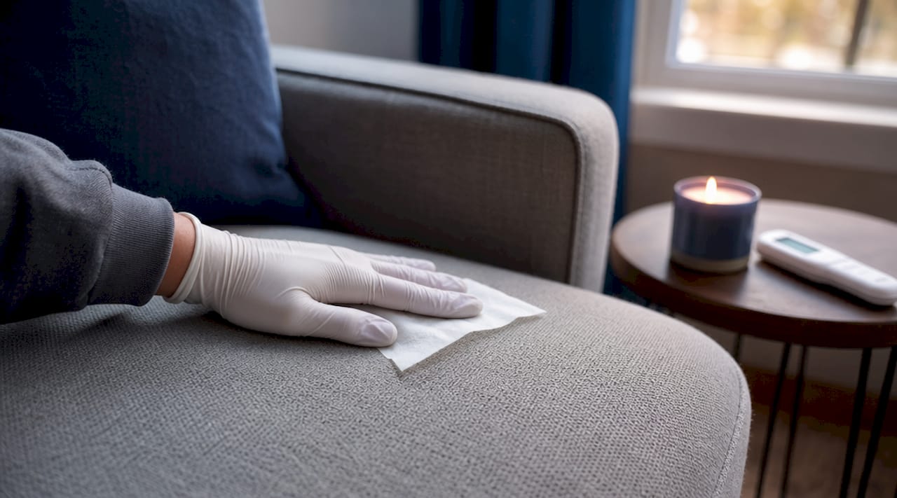 Gloved hand sampling smoke residue on car seat fabric