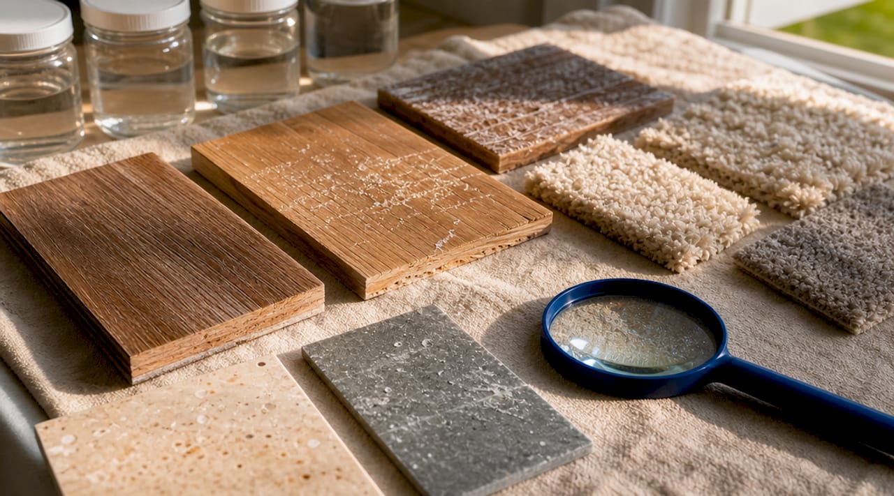 Close-up of uric acid crystals in flooring materials