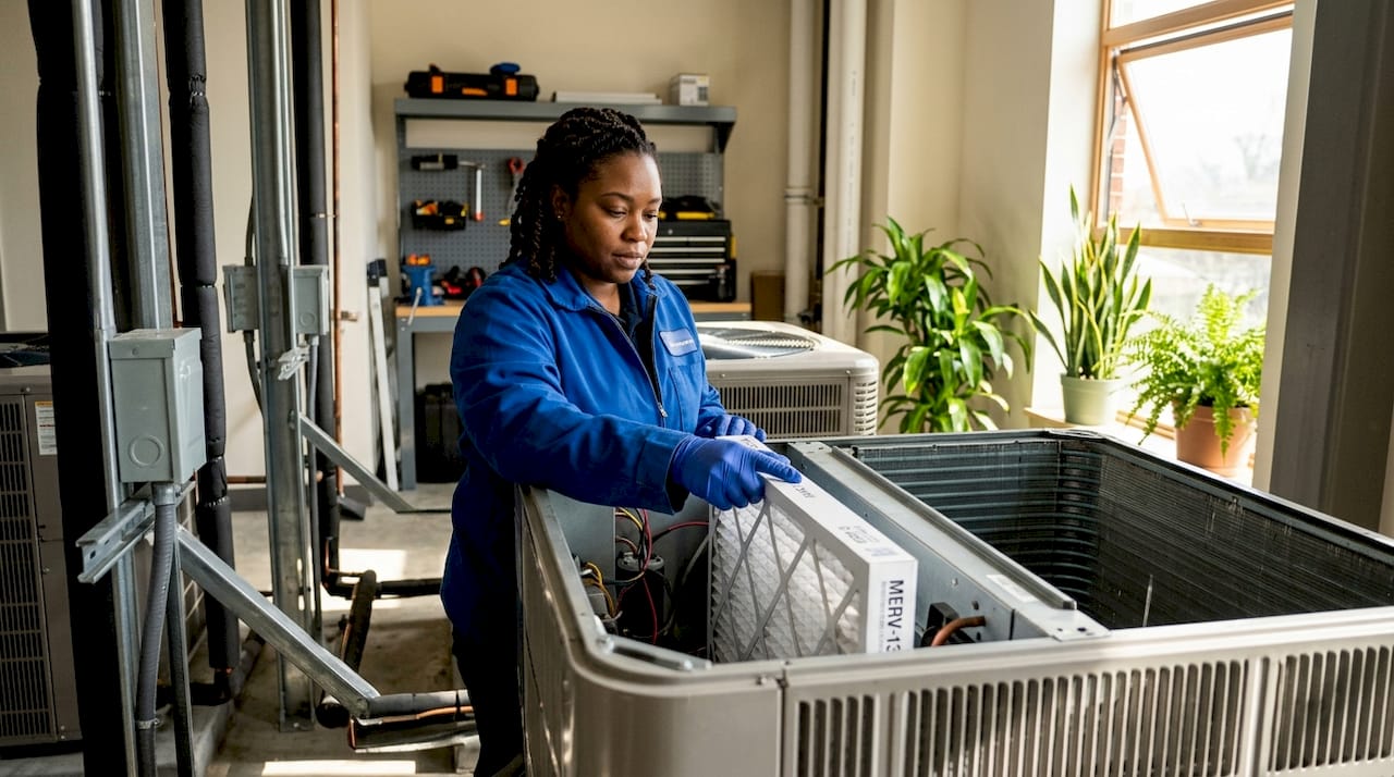 Hands replacing HVAC filter indoors