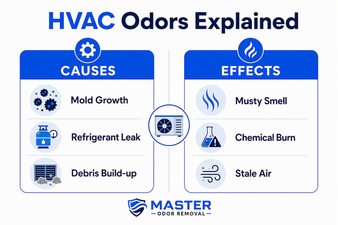 Infographic comparing HVAC odor causes and effects