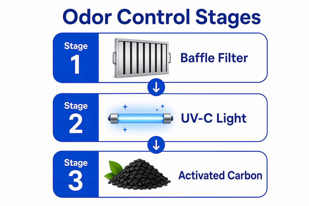 Infographic illustrating three-stage odor control process